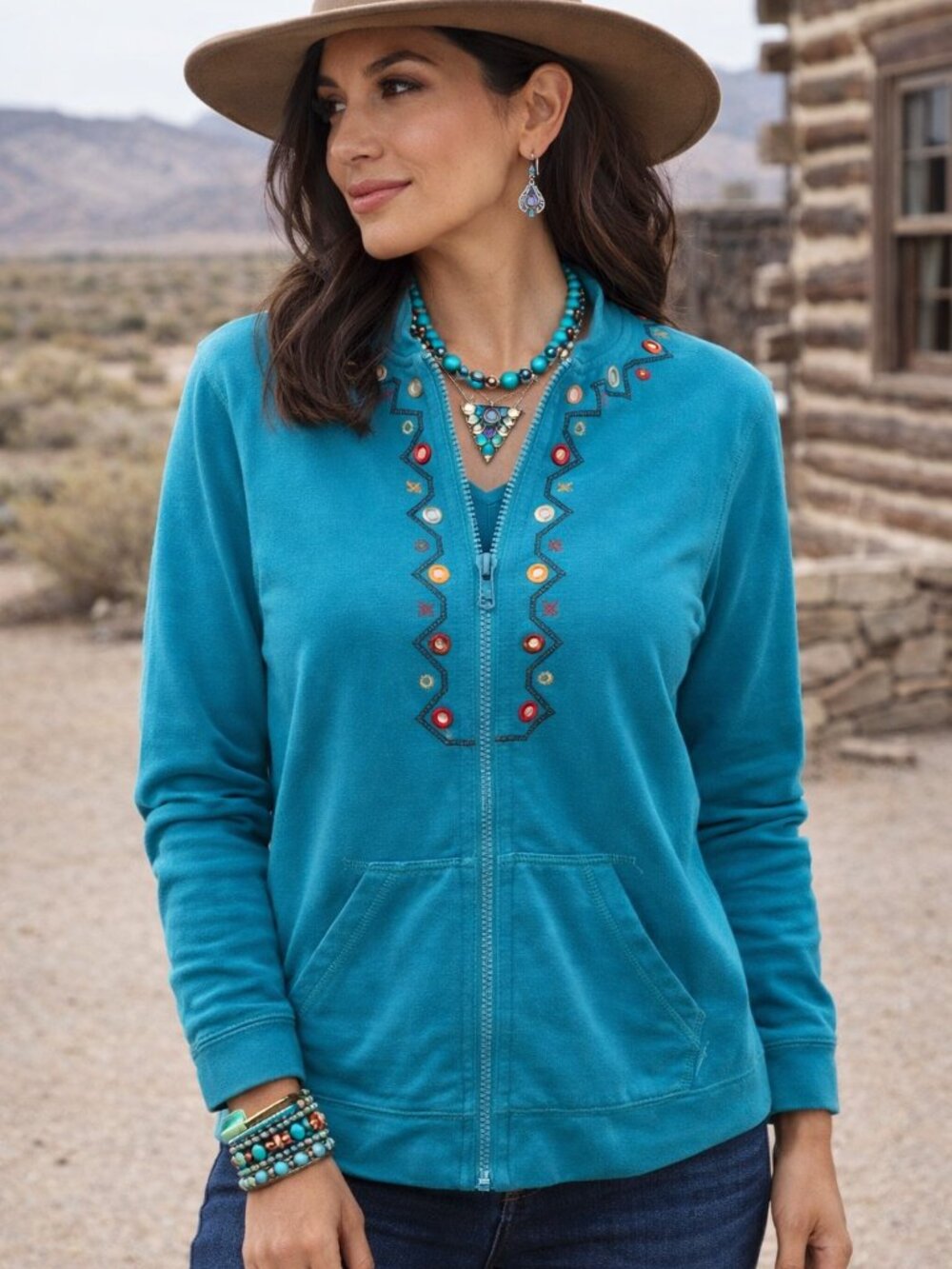 Onque Casuals Cotton Teal Embellished Zip-Up Jacket with Pockets Size Large